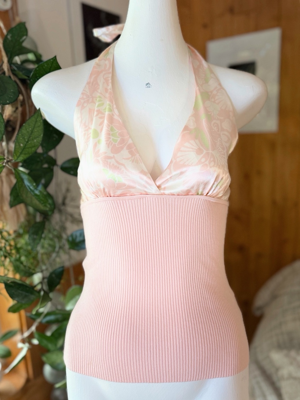 Guess Jeans Pink Halter Knit Tank Top Floral Print Y2K Size Large
